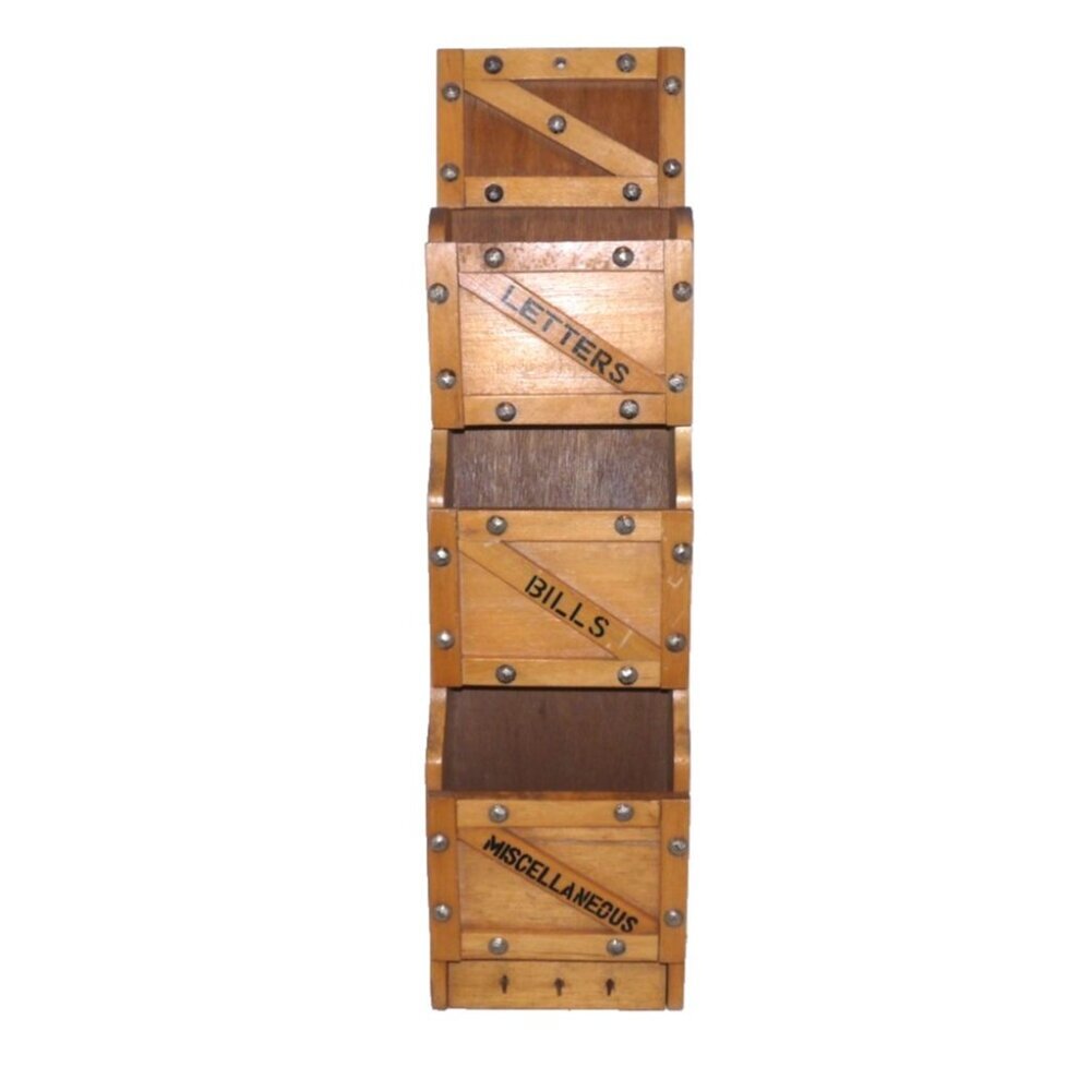 Vintage wooden handmade wall hanging bill letter organizer with key hooks 21.5"